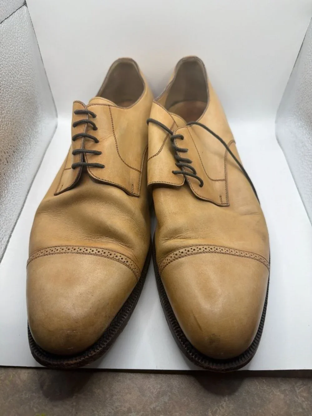 Luxury Vintage Leather Oxford Shoes Mens 11.5 Tan Cap-Toe Lace-Up Formal Style